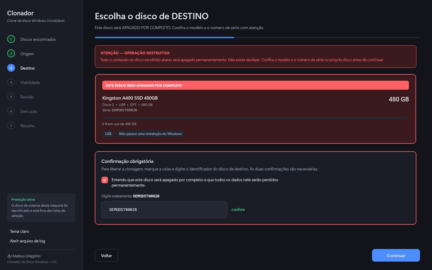 Destino com confirmação destrutiva