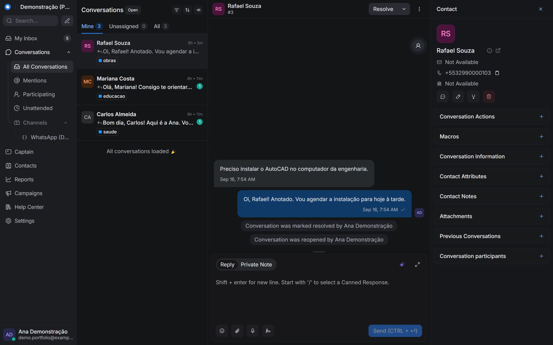 Interface do projeto Central de Atendimento WhatsApp