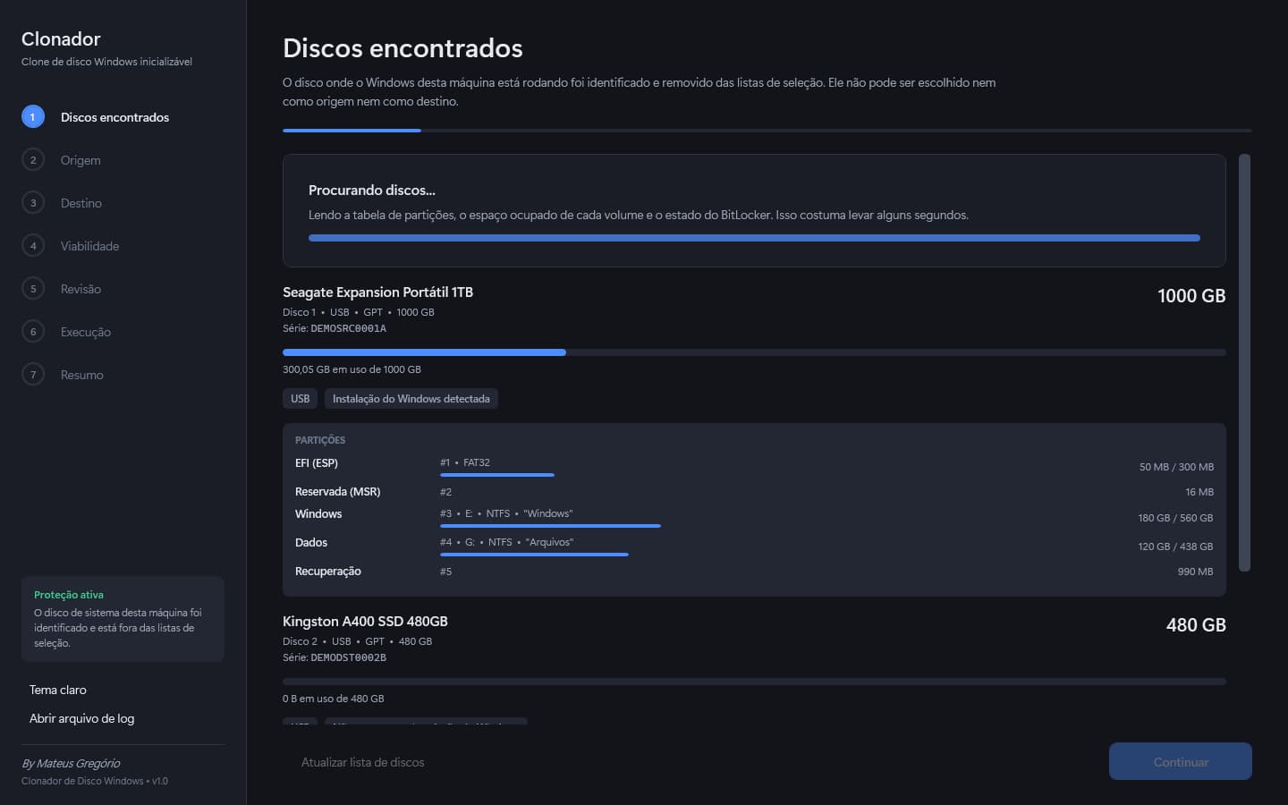 Interface do projeto Clonador de Disco Windows